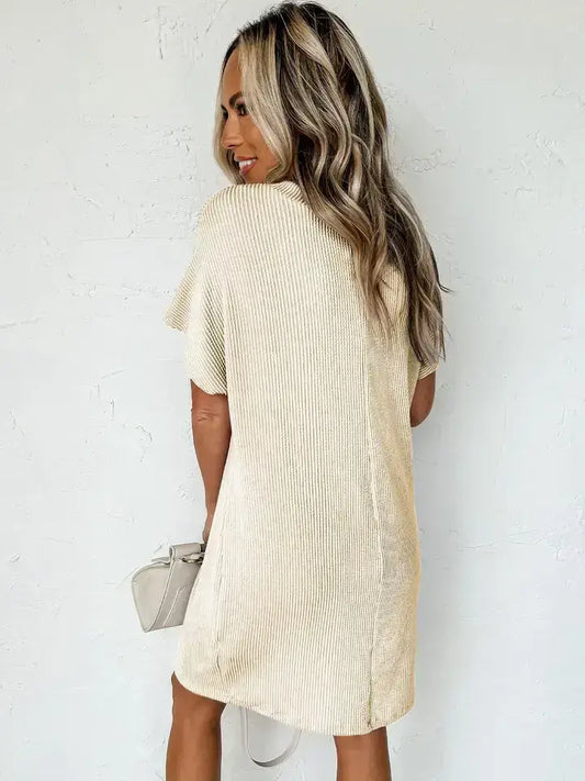 Apricot Stripe Textured T Shirt Dress with Pockets