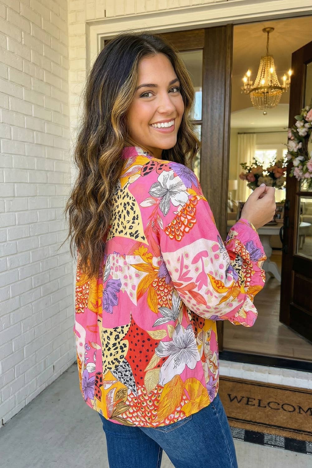LAS Floral Print Buttoned Ruffled Bubble Sleeve