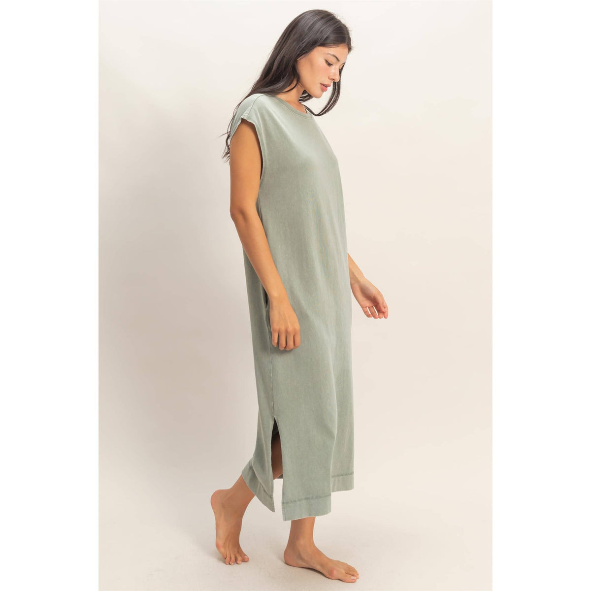 Mineral Wash Cap Sleeve Midi Dress