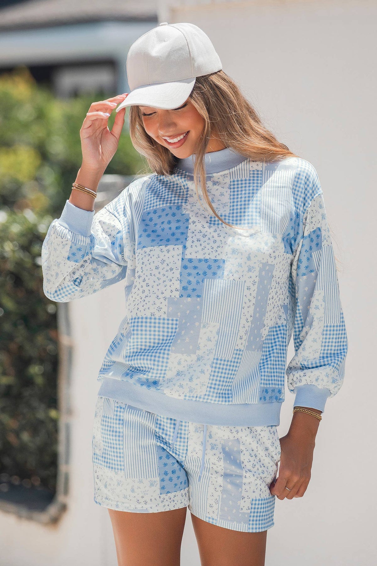 Patchwork Long Sleeve Waist Shorts Two Piece Set S-4X
