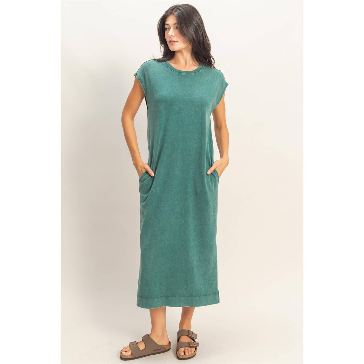 Mineral Wash Cap Sleeve Midi Dress