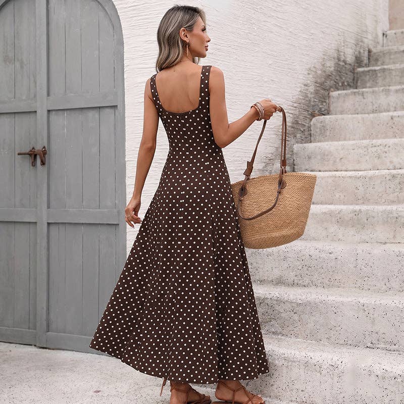 Polka Dot Chiffon Maxi Dress Resort Square Neck
