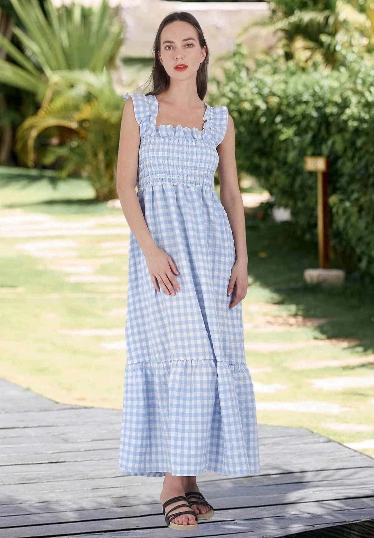 34f6 Gingham Smocked Maxi Dress