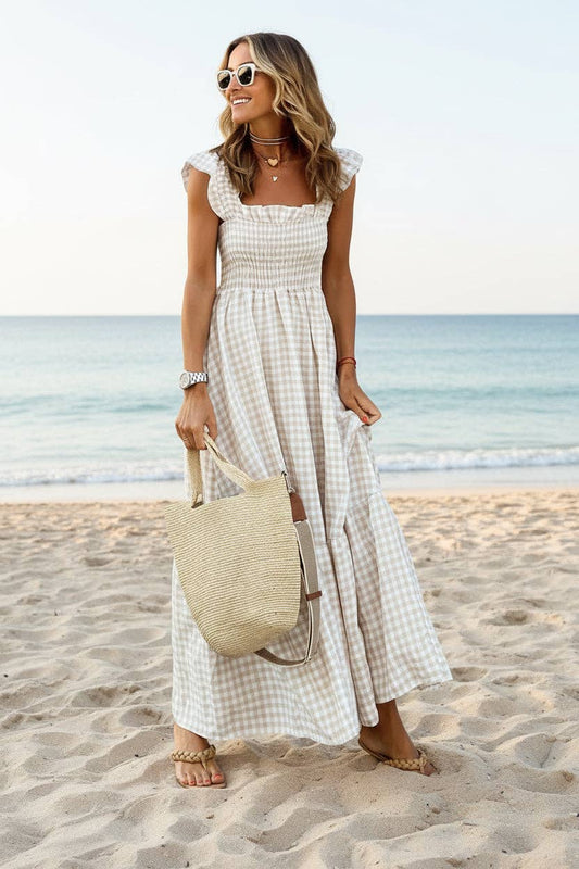 34f6 Gingham Smocked Maxi Dress