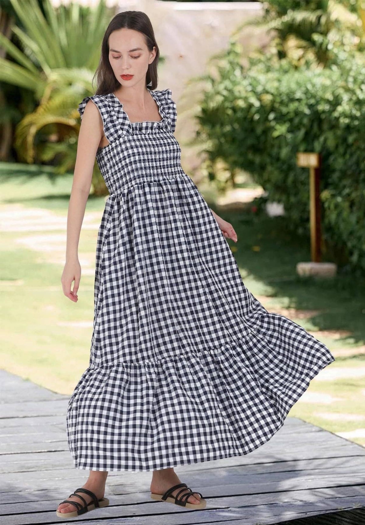 34f6 Gingham Smocked Maxi Dress