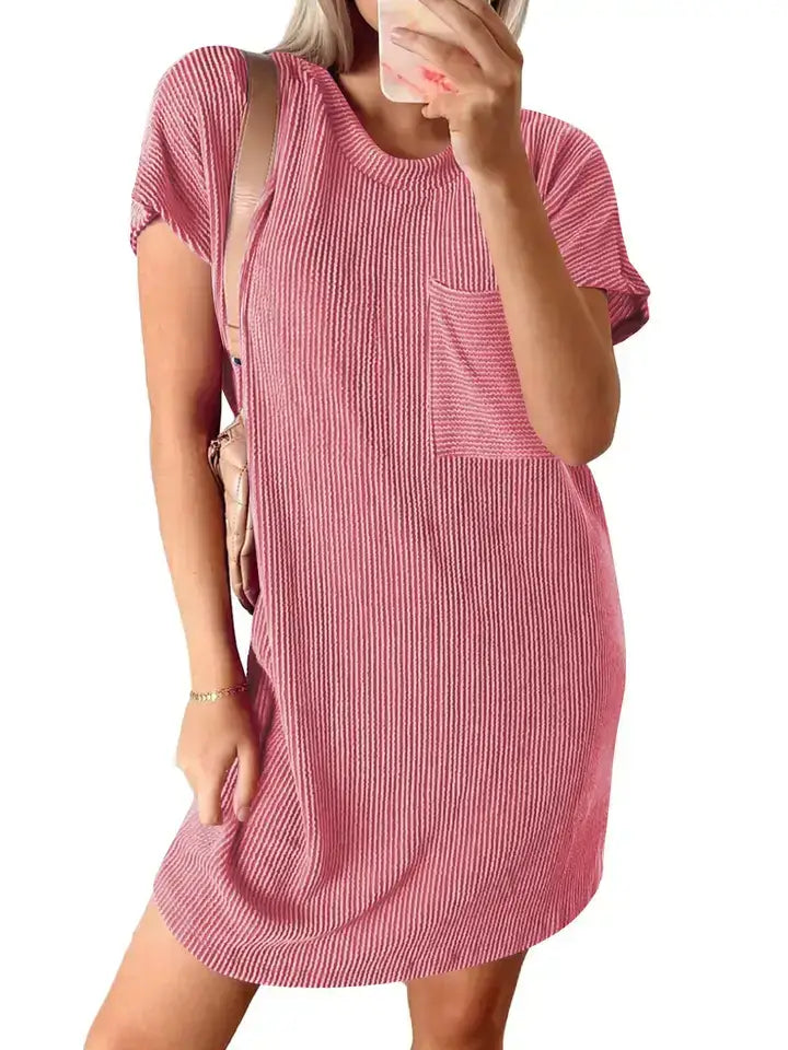 Apricot Stripe Textured T Shirt Dress with Pockets