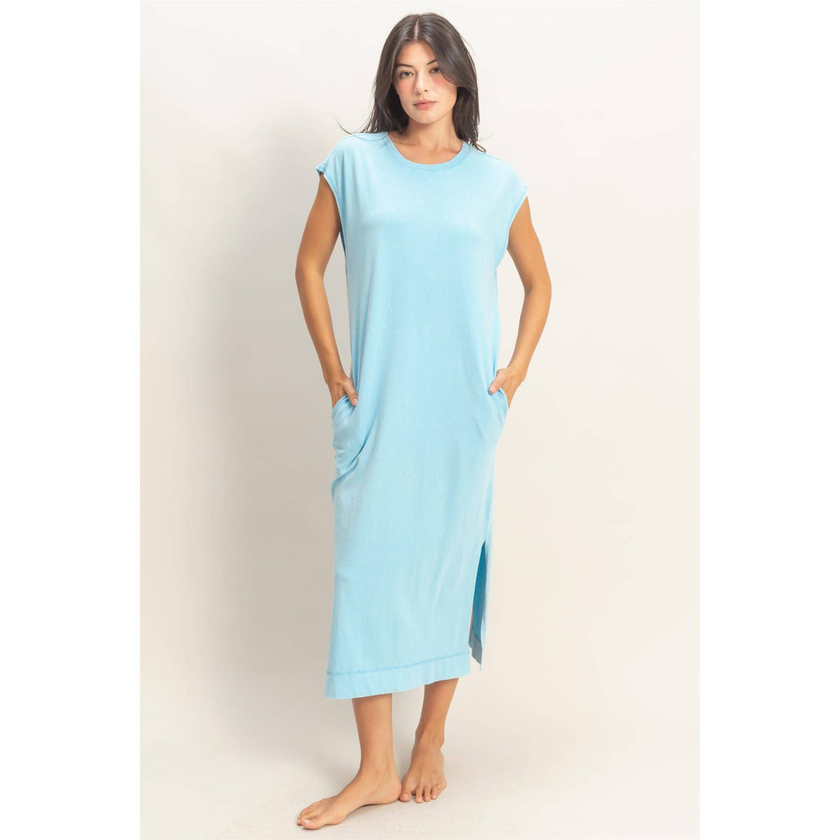 Mineral Wash Cap Sleeve Midi Dress
