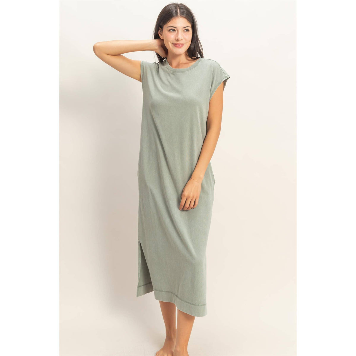 Mineral Wash Cap Sleeve Midi Dress