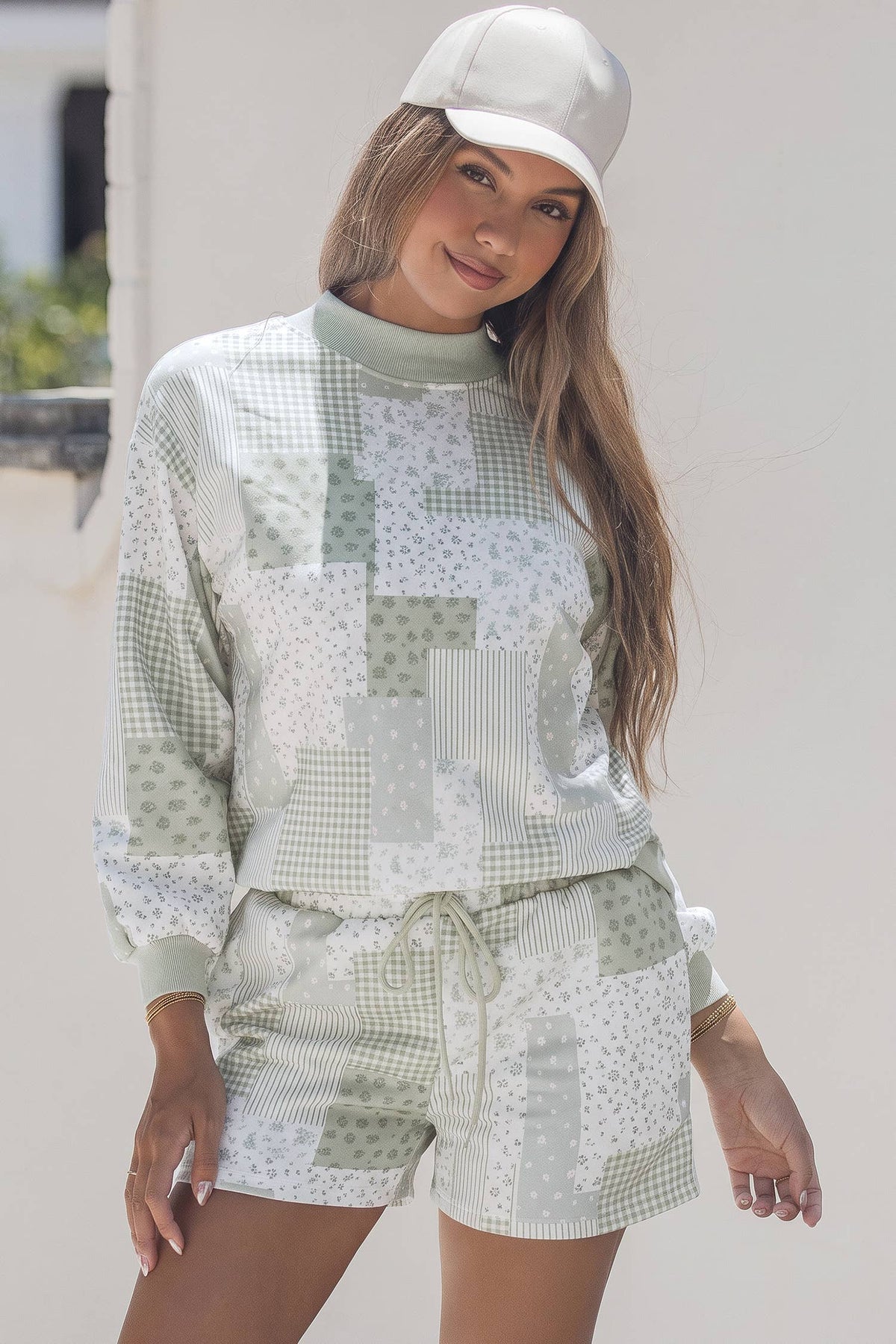 Patchwork Long Sleeve Waist Shorts Two Piece Set S-4X