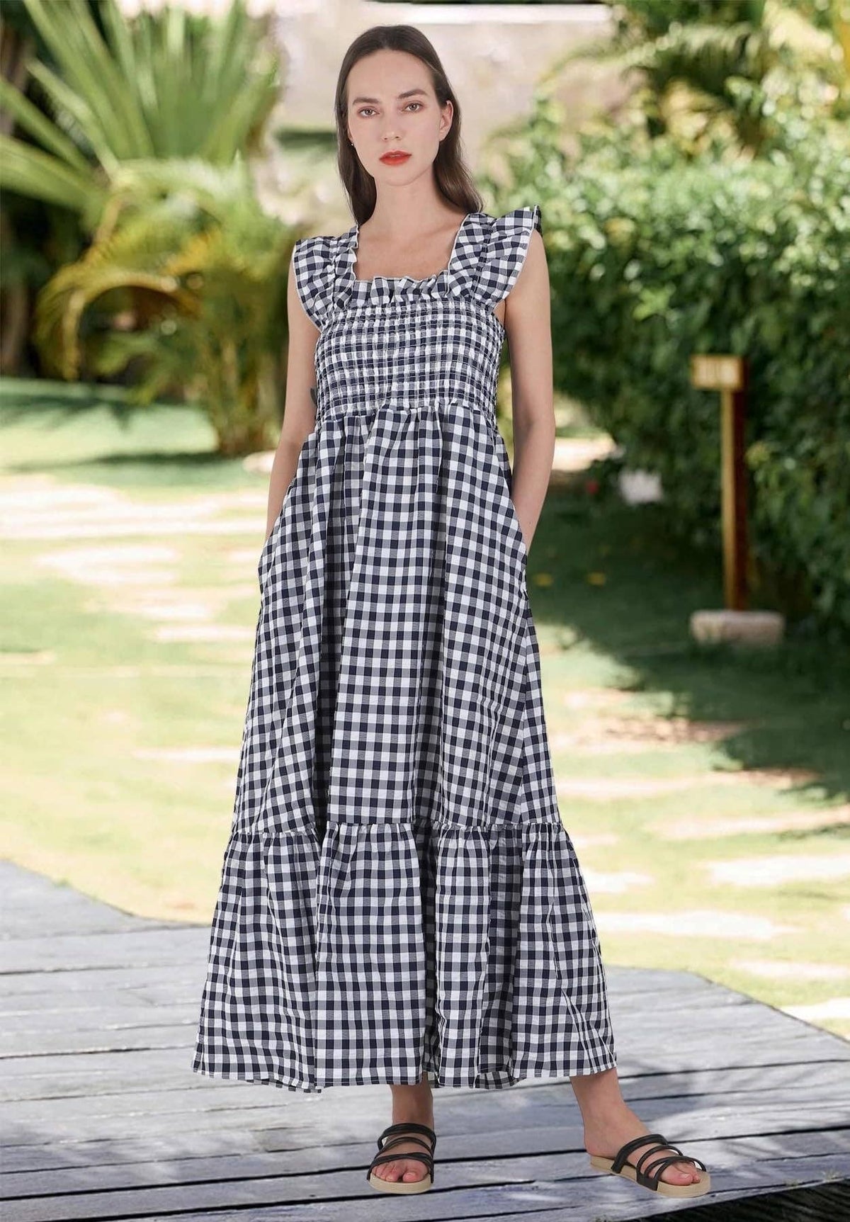 34f6 Gingham Smocked Maxi Dress