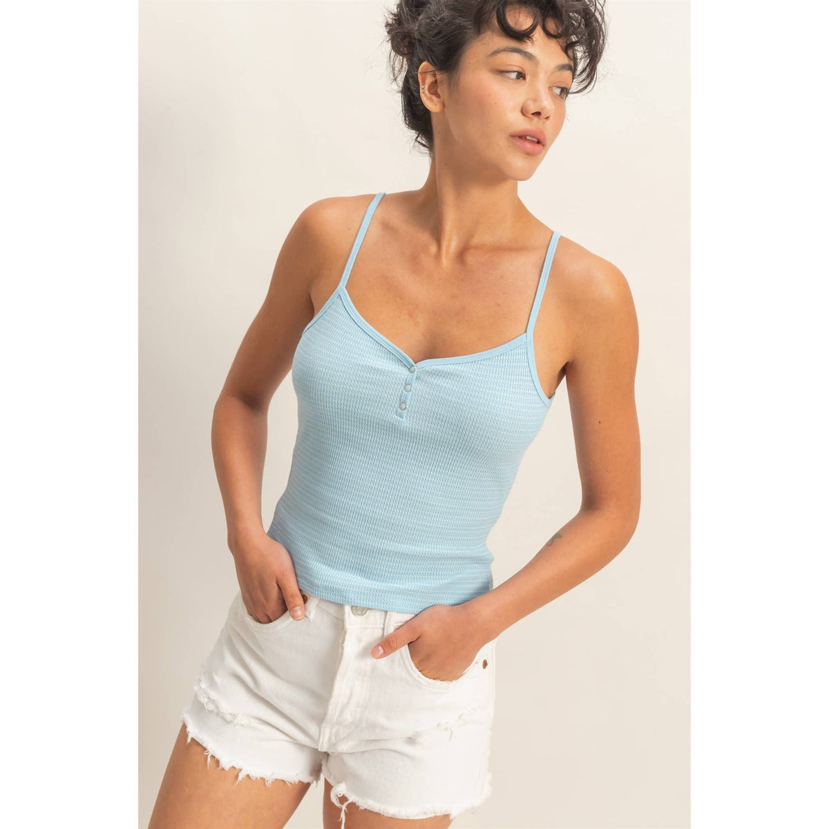 Striped Snap-Button Henley Cami Top