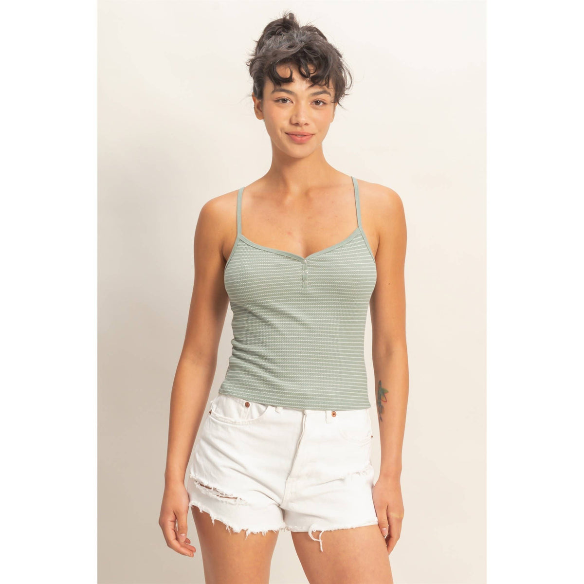 Striped Snap-Button Henley Cami Top