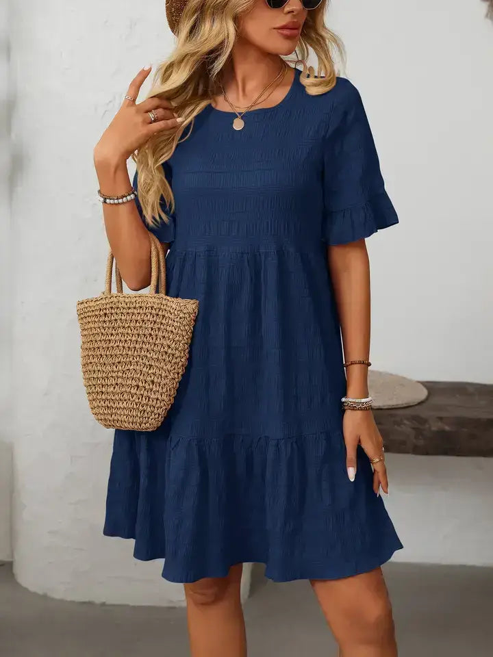Textured Tiered Mini Dress Ruffle Sleeve Casual