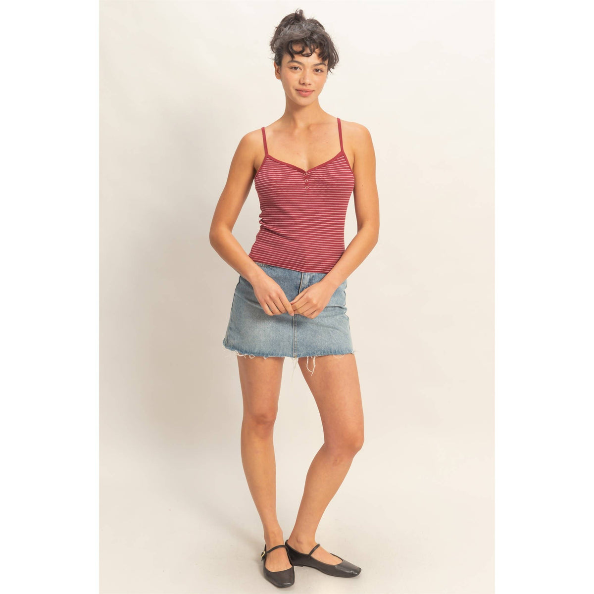 Striped Snap-Button Henley Cami Top