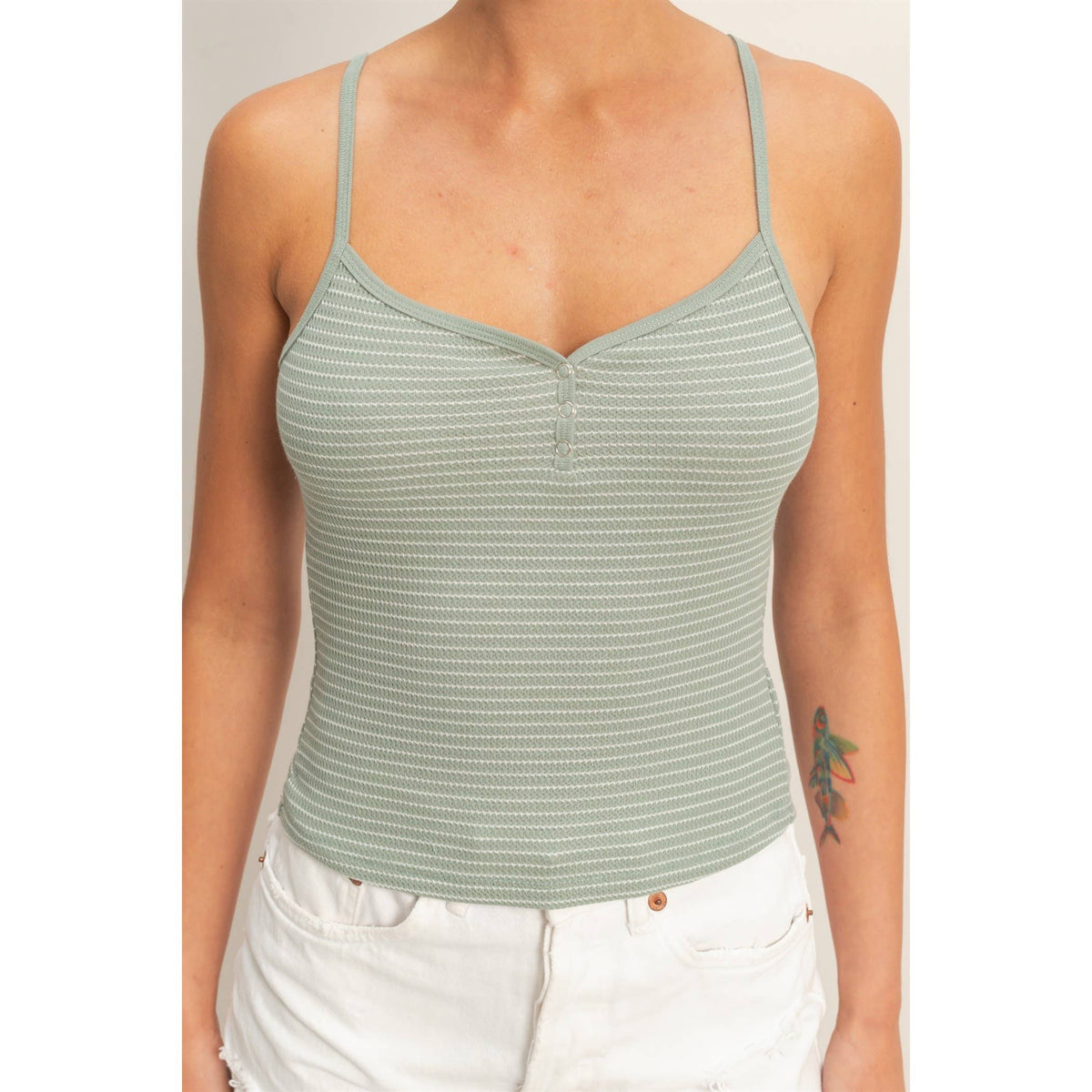 Striped Snap-Button Henley Cami Top