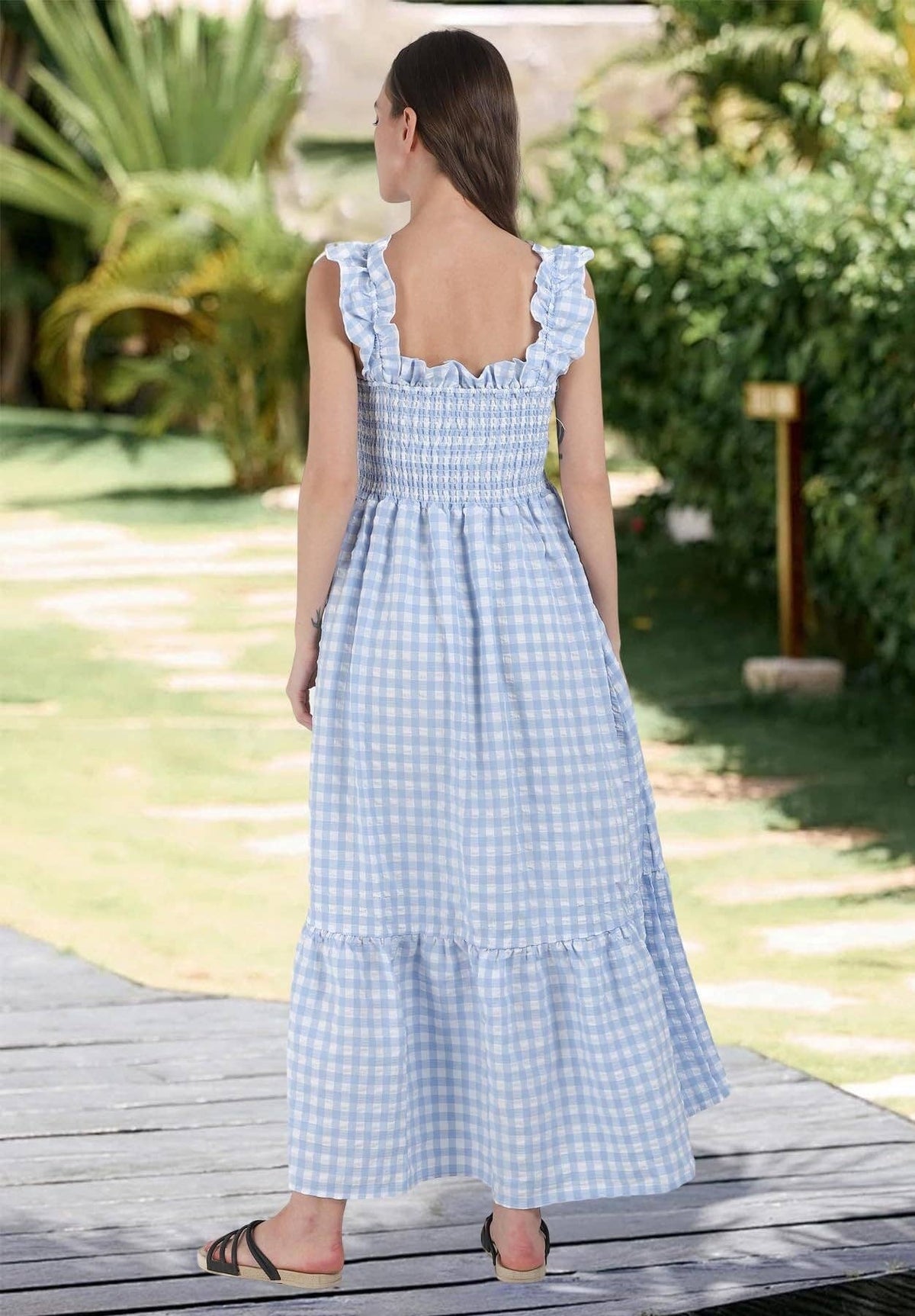 34f6 Gingham Smocked Maxi Dress