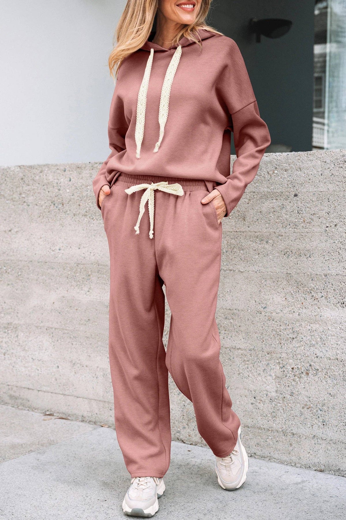 Casual Lace Drawstring Pullover Hoodie and High Waist Pants Corduroy Suit