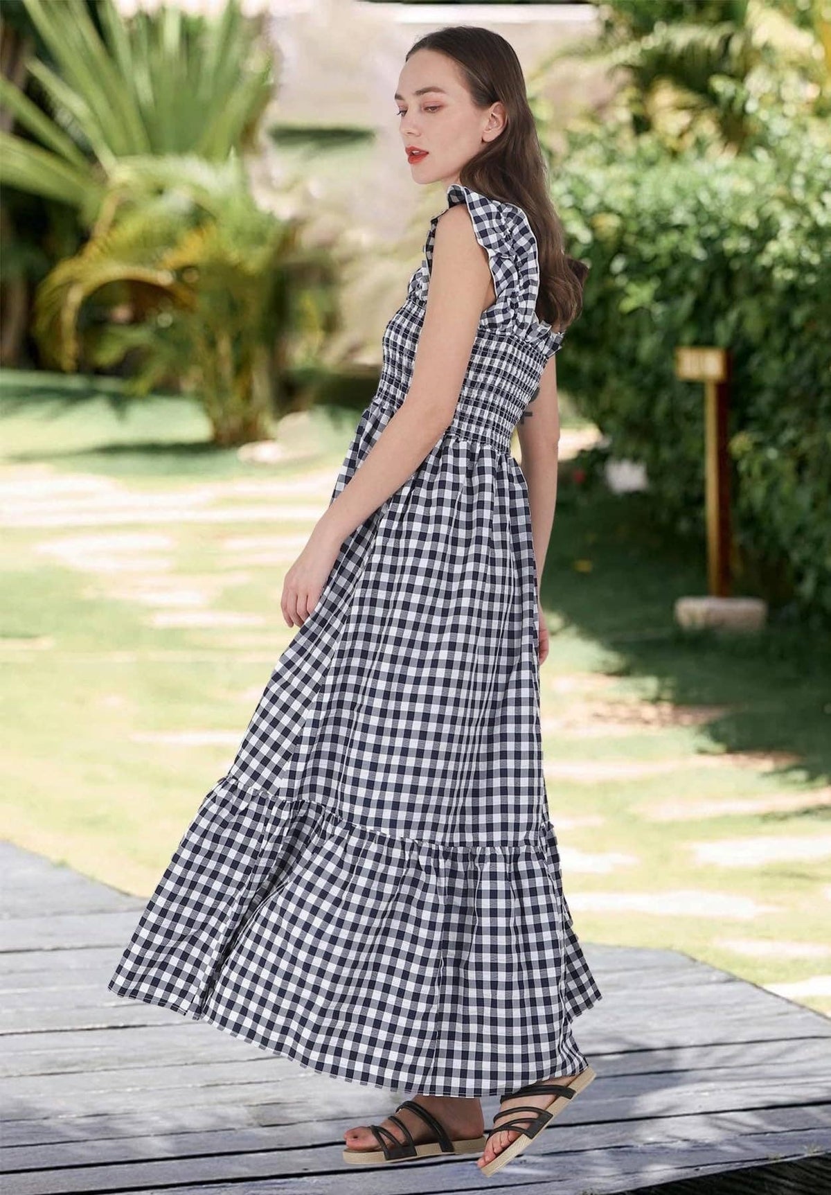 34f6 Gingham Smocked Maxi Dress