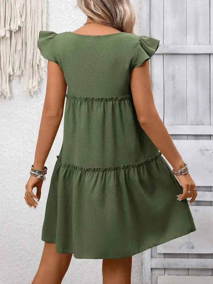 Boho Summer Dress Ruffle Sleeve Tiered Casual Solid Style