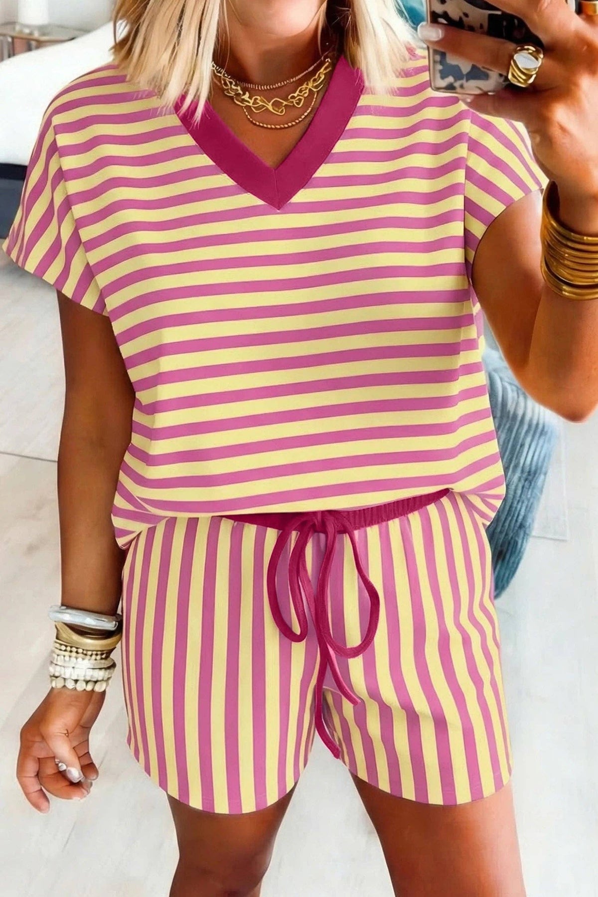 Red Stripe Colorblock Trim V Neck Tee Drawstring Elastic Waist Short Set