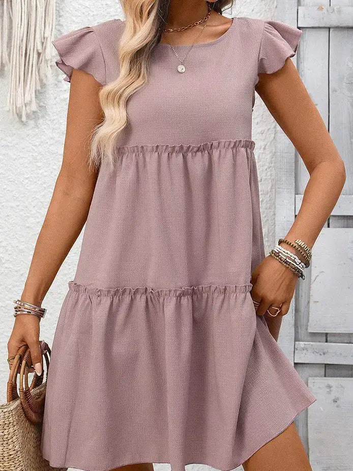 Boho Summer Dress Ruffle Sleeve Tiered Casual Solid Style