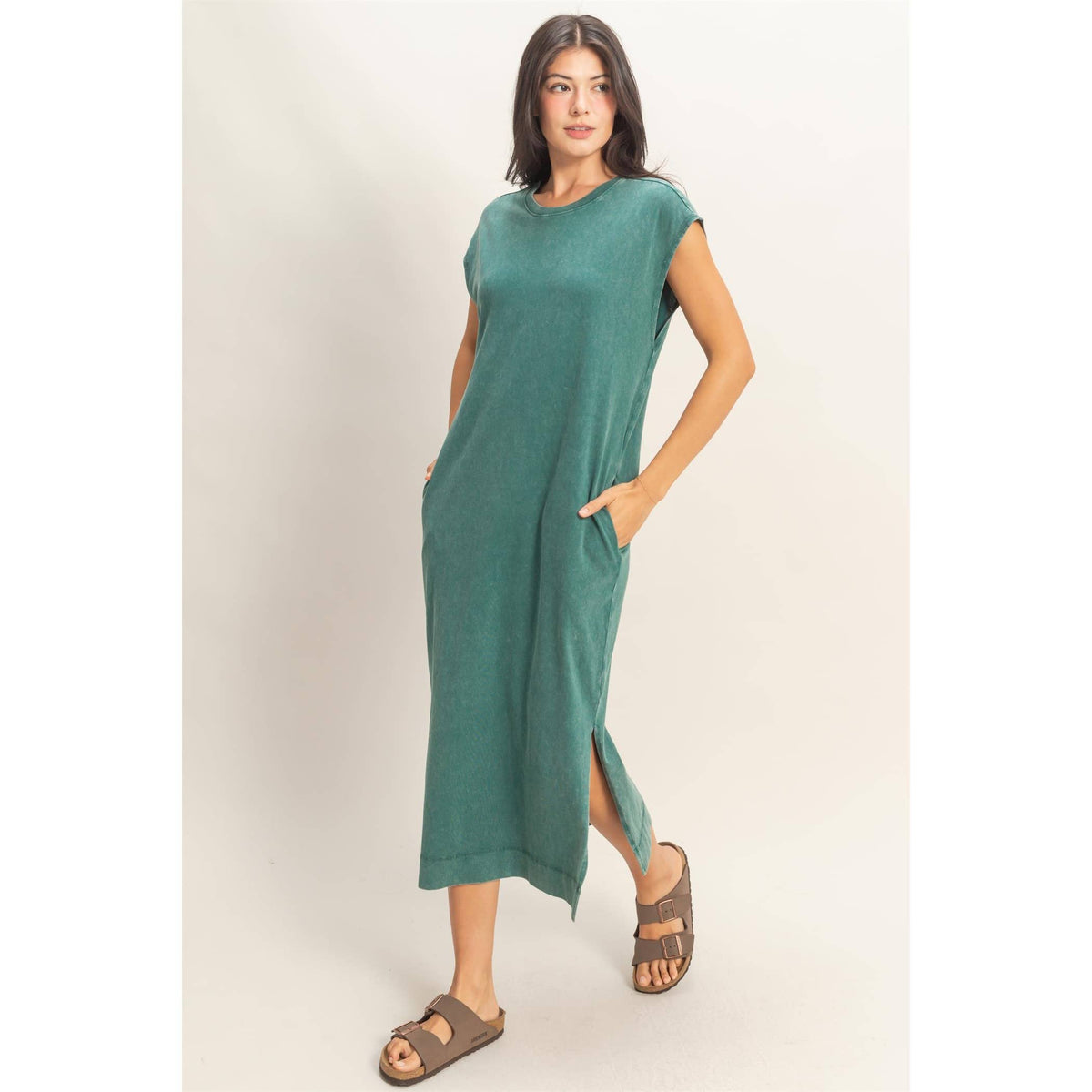 Mineral Wash Cap Sleeve Midi Dress