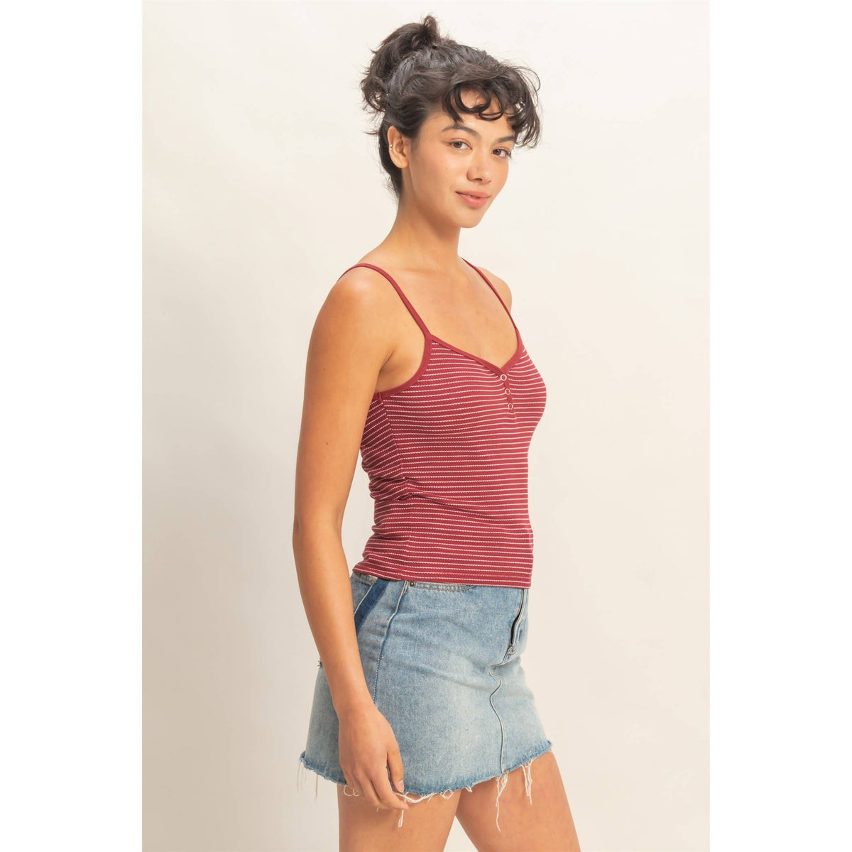 Striped Snap-Button Henley Cami Top
