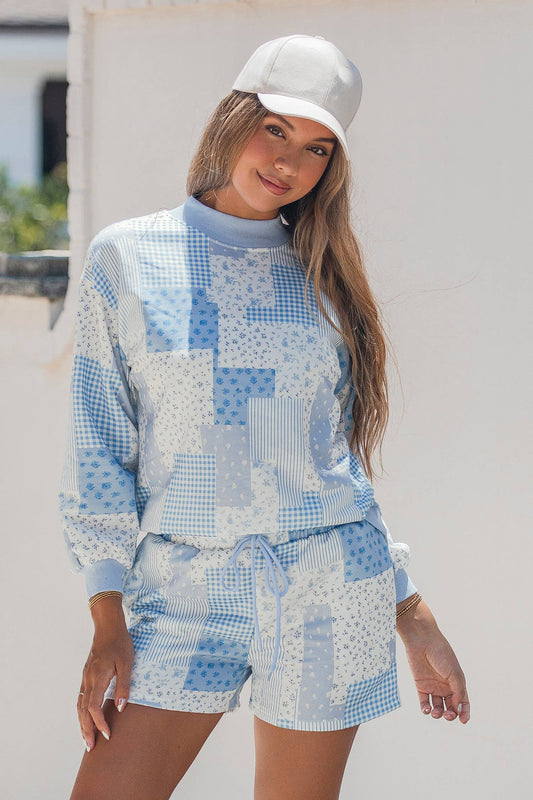 Patchwork Long Sleeve Waist Shorts Two Piece Set S-4X