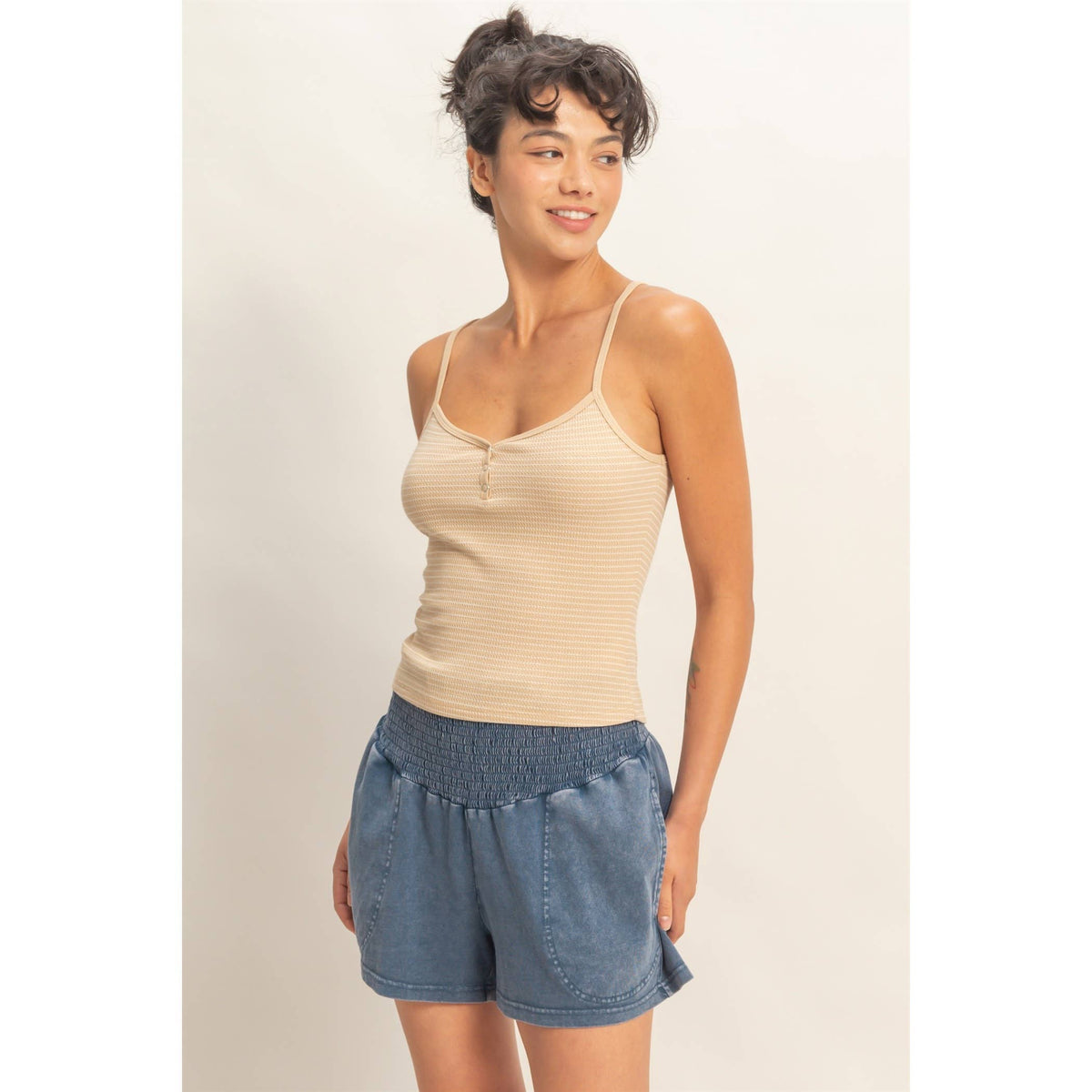 Striped Snap-Button Henley Cami Top