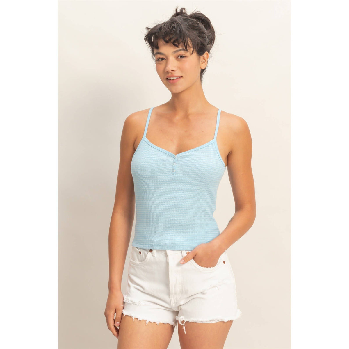 Striped Snap-Button Henley Cami Top