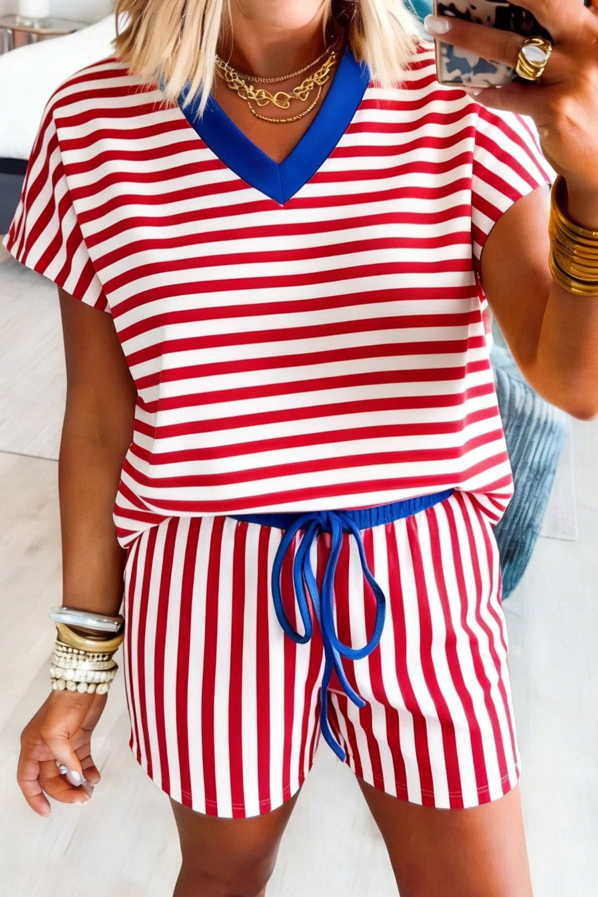 Red Stripe Colorblock Trim V Neck Tee Drawstring Elastic Waist Short Set
