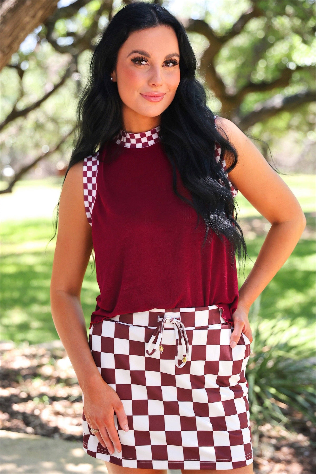Let's Go Checkered Skort- Maroon