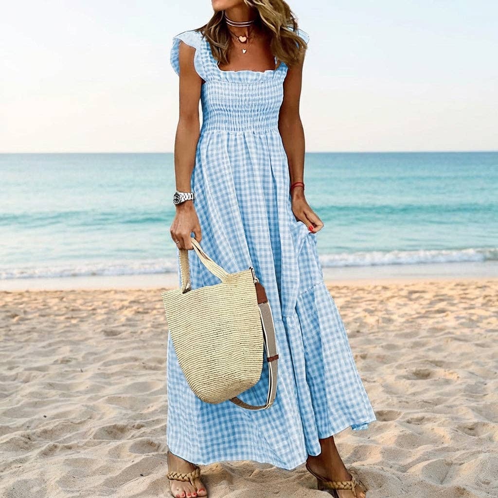 34f6 Gingham Smocked Maxi Dress