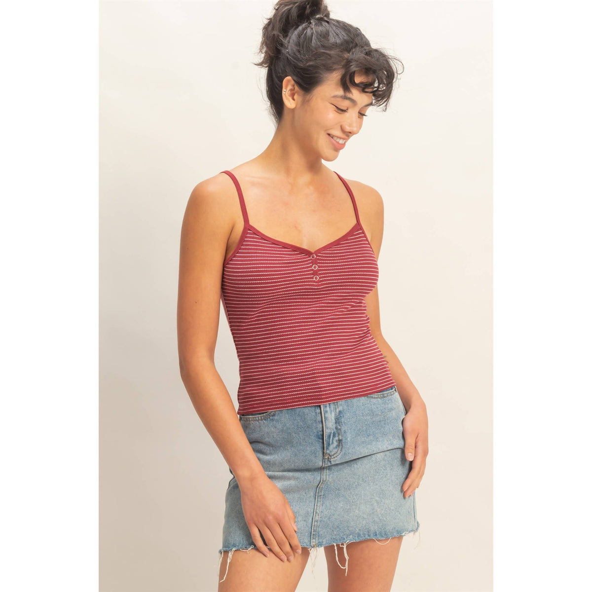 Striped Snap-Button Henley Cami Top