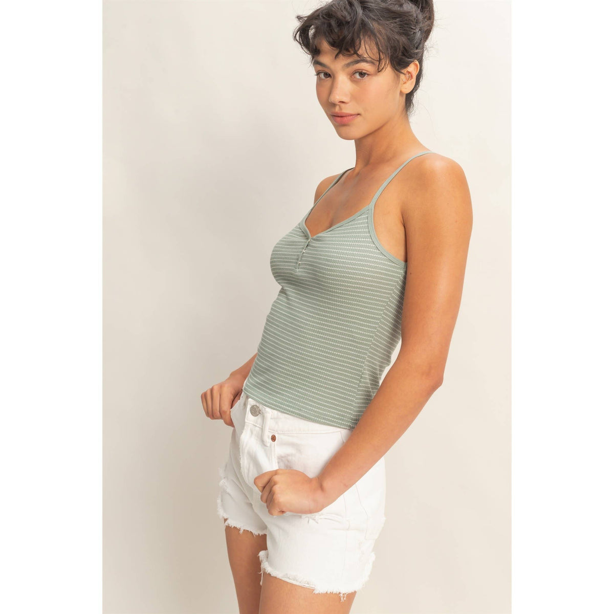 Striped Snap-Button Henley Cami Top