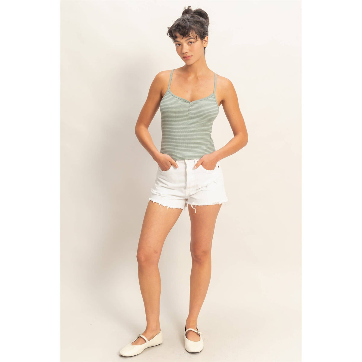 Striped Snap-Button Henley Cami Top