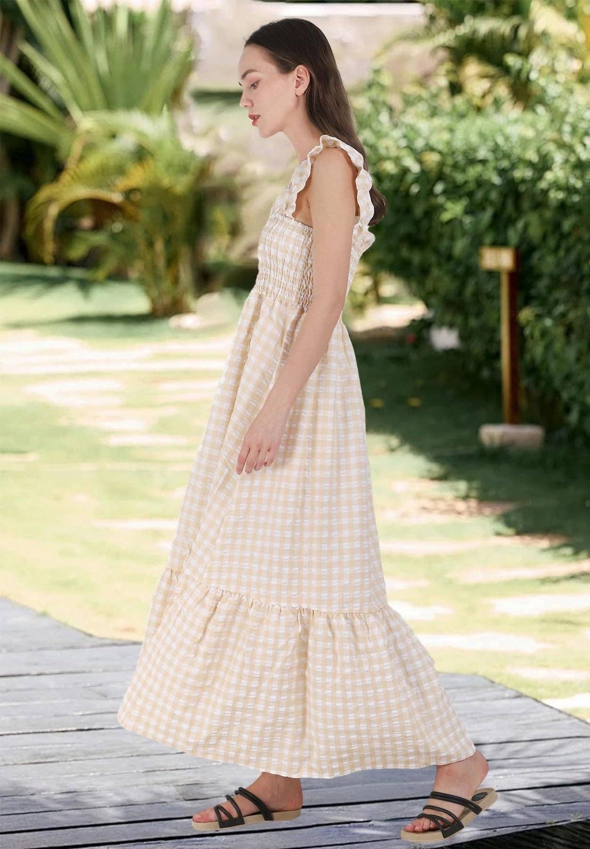 34f6 Gingham Smocked Maxi Dress