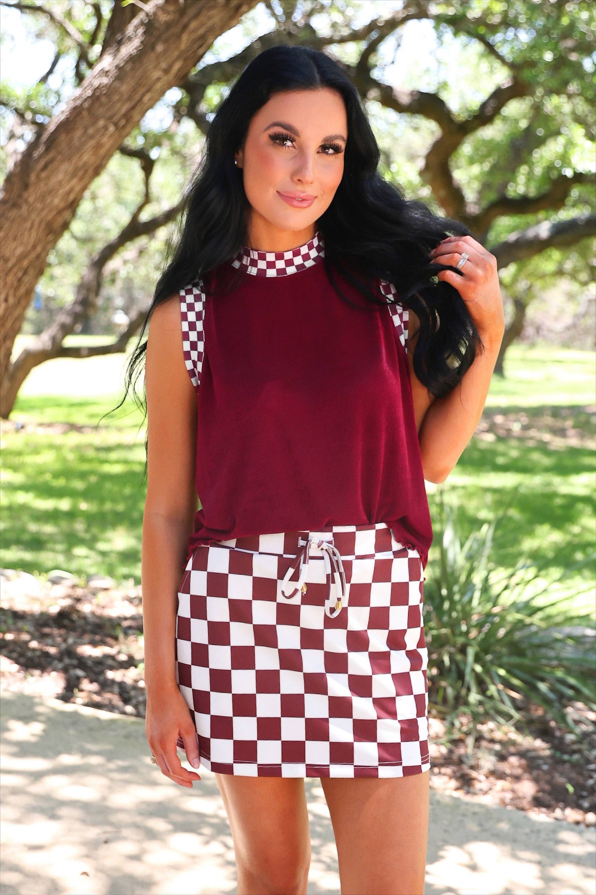 Let's Go Checkered Skort- Maroon