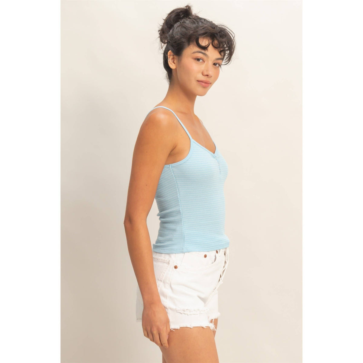 Striped Snap-Button Henley Cami Top