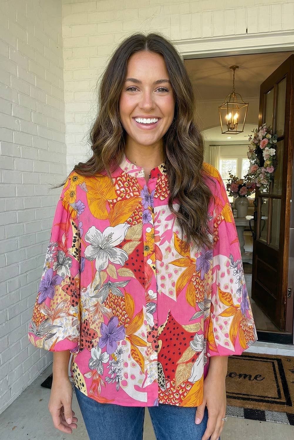 LAS Floral Print Buttoned Ruffled Bubble Sleeve