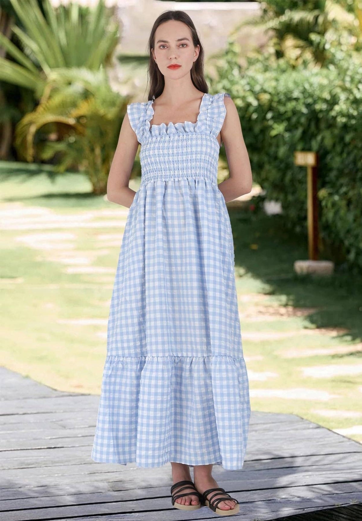 34f6 Gingham Smocked Maxi Dress