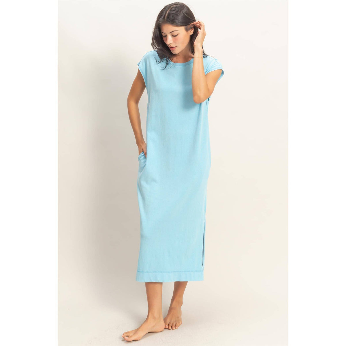 Mineral Wash Cap Sleeve Midi Dress