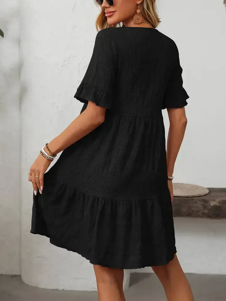 Textured Tiered Mini Dress Ruffle Sleeve Casual