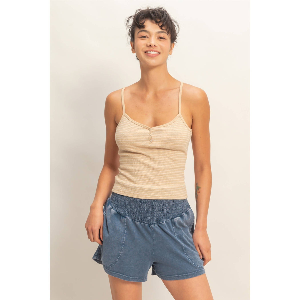 Striped Snap-Button Henley Cami Top