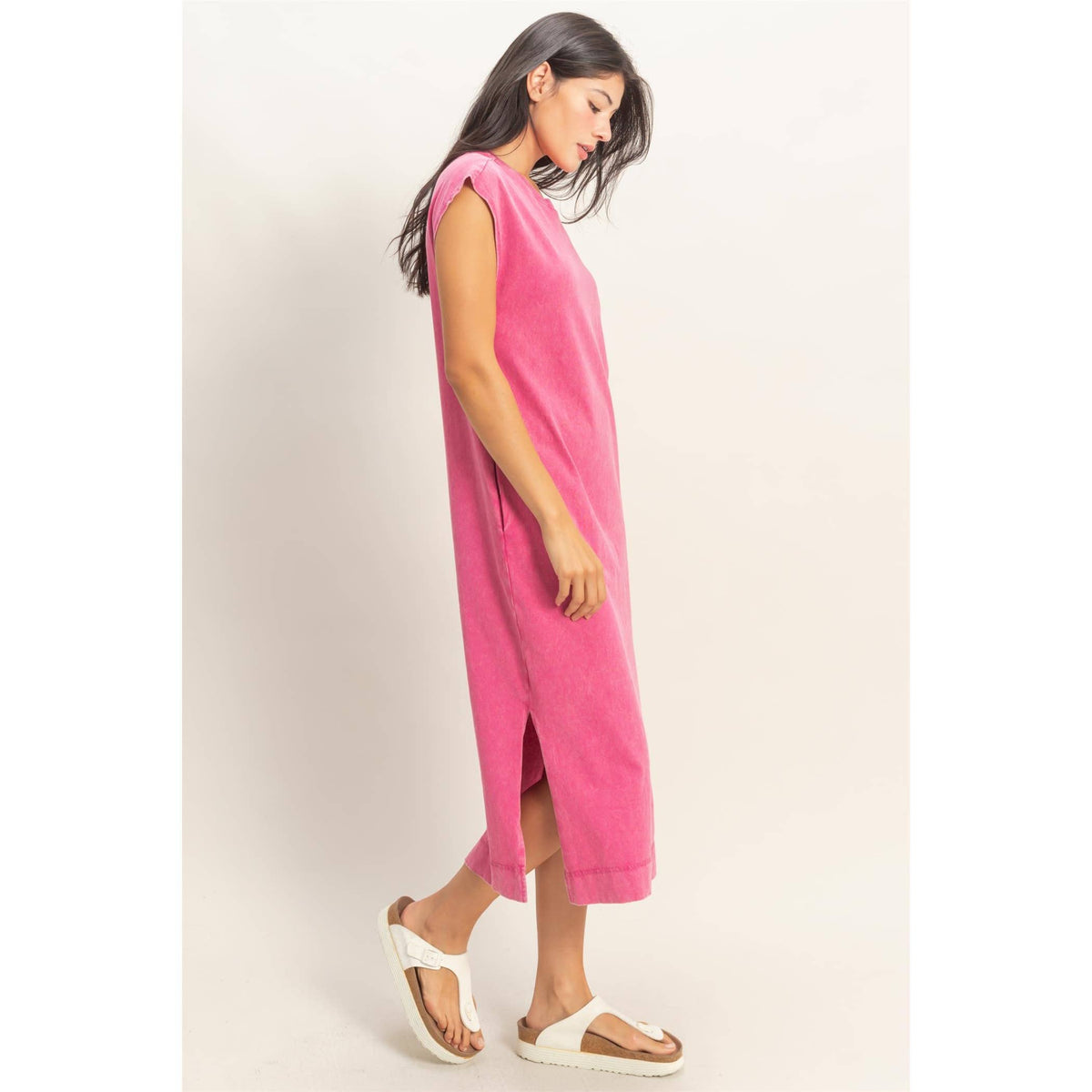 Mineral Wash Cap Sleeve Midi Dress