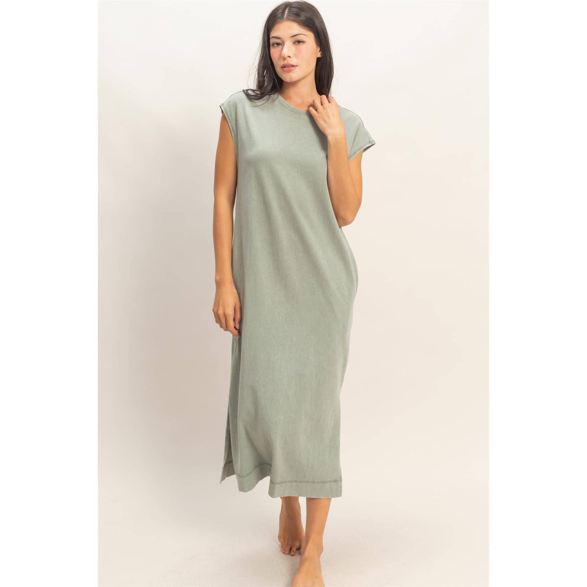 Mineral Wash Cap Sleeve Midi Dress