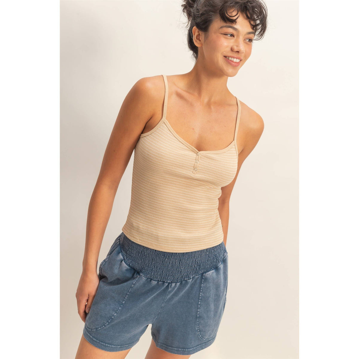 Striped Snap-Button Henley Cami Top