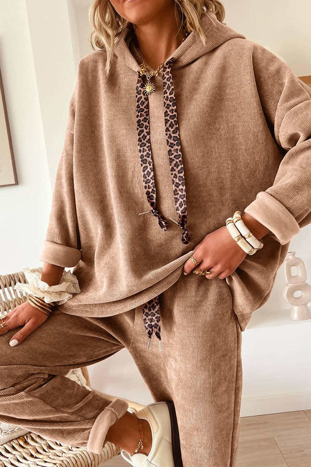 Casual Lace Drawstring Pullover Hoodie and High Waist Pants Corduroy Suit