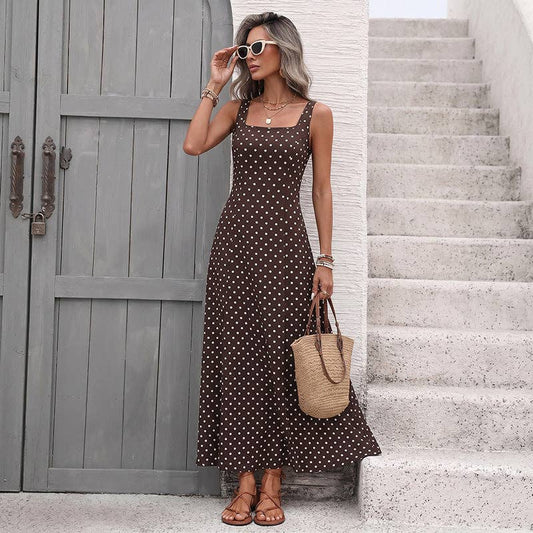 Polka Dot Chiffon Maxi Dress Resort Square Neck