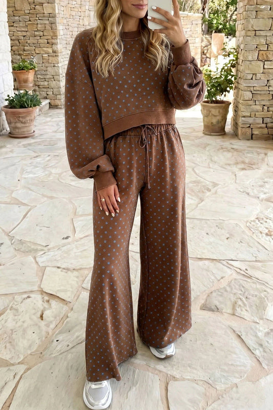 Polka Dot Drawstring Wide Leg Long Sleeve Top Pant Set